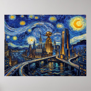 Metropolis Starry Night Comic Landscape Poster