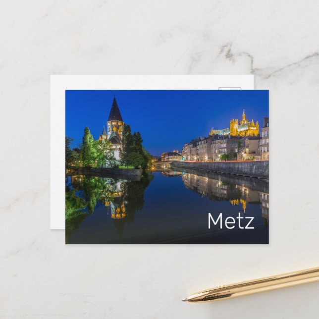 Metz Temple Neuf France Night Moselle Souvenir Holiday Postcard (Front/Back In Situ)
