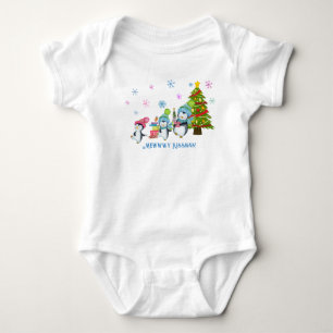 Mewwwy Kissmas Penguins, Sled and Tree  Baby Bodysuit