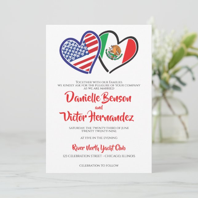 Mexican American Heart Flags Wedding Invitation (Standing Front)