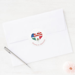 Mexican and American Flags and hearts wedding Classic Round Sticker