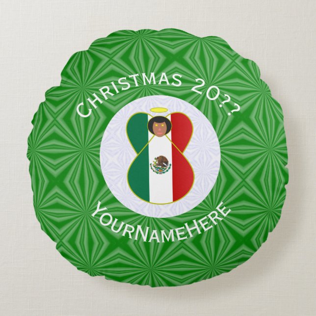 Mexican Angel Christmas Flag Personalized Round Pillow (Front)