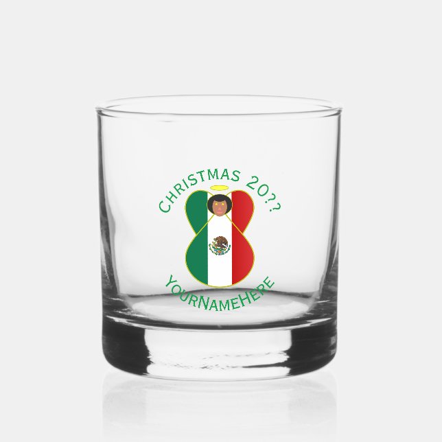 Mexican Angel Christmas Flag Personalized Text Whiskey Glass (Front)