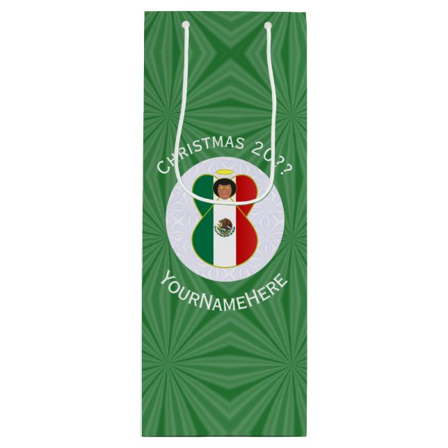 Mexican Angel Christmas Flag Personalized Wine Gift Bag (Front)