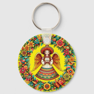 Mexican Angel Girl flowers wreath art illustration Keychain
