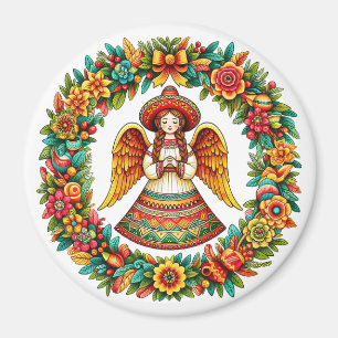 Mexican Angel Girl flowers wreath art illustration Magnet
