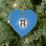 Mexican Angel Hanukkah Flag Personalized  Ceramic Ornament<br><div class="desc">An angel flies wearing the flag of Mexico for Hanukkah. She flies in a white circle of squiggly squares on a background of blue squiggly squares. Customize this heart shaped ceramic ornament by adding the year you want to make this special. Personalize with your name, or someone else's name if...</div>