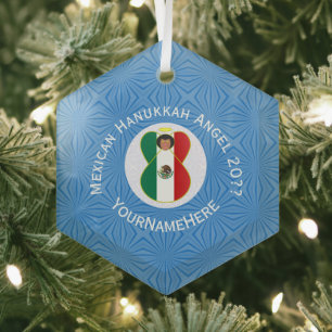 Mexican Angel Hanukkah Flag Personalized  Glass Ornament