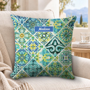 Mexican aqua mint Sicilian Mediterranean tiles Throw Pillow