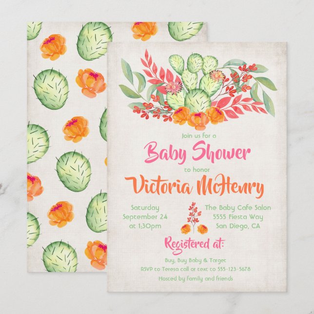 Mexican Baby Shower Watercolor Cactus Invitations (Front/Back)