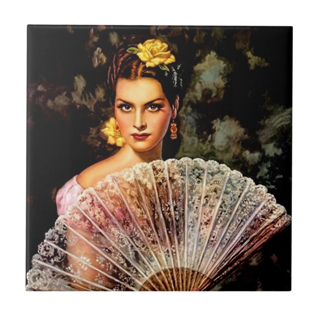 Mexican Beautiful Calendar Girl with Lace Fan  Tile (Front)