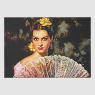 Mexican Beautiful Calendar Girl with Lace Fan  Tissue Paper