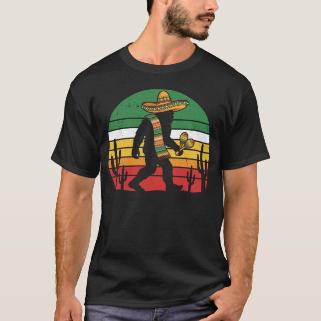Mexican Bigfoot Sasquatch Fiesta Retro Sunset T-Shirt (Front)