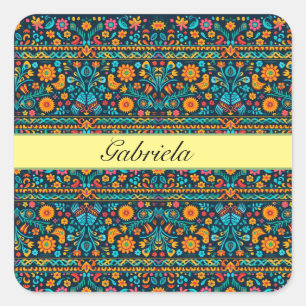 Mexican bird and flower pattern customizable square sticker