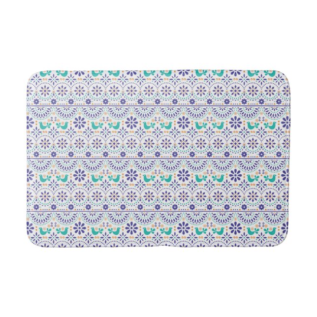 Mexican Bird Tile Folk Art Pattern Bath Mat (Front)
