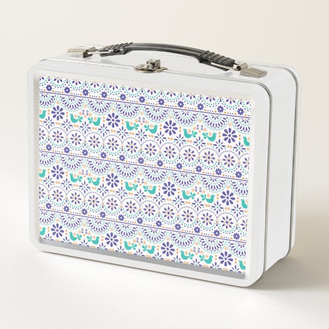 Mexican Bird Tile Folk Art Pattern Metal Lunch Box (Front)