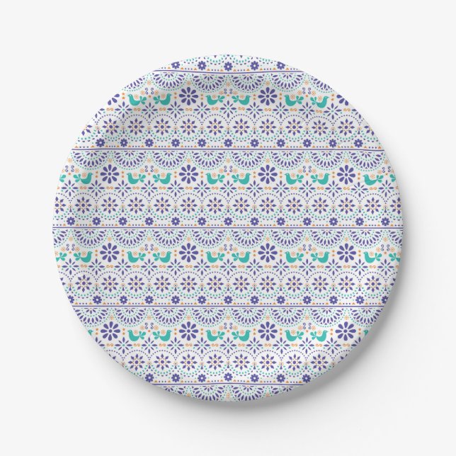 Mexican Bird Tile Folk Art Pattern Paper Plate (Front)