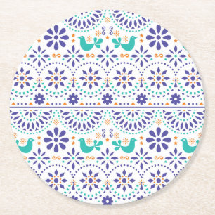Mexican Bird Tile Folk Art Pattern Round Paper Coaster