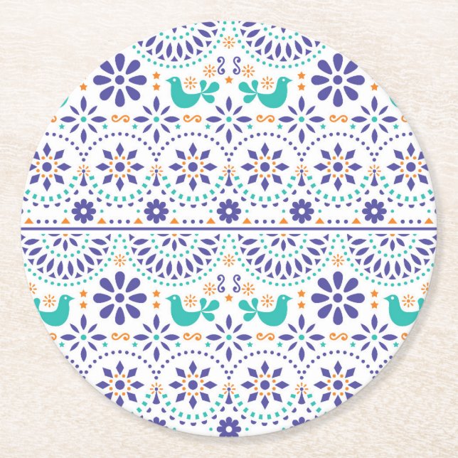 Mexican Bird Tile Folk Art Pattern Round Paper Coaster (Front)