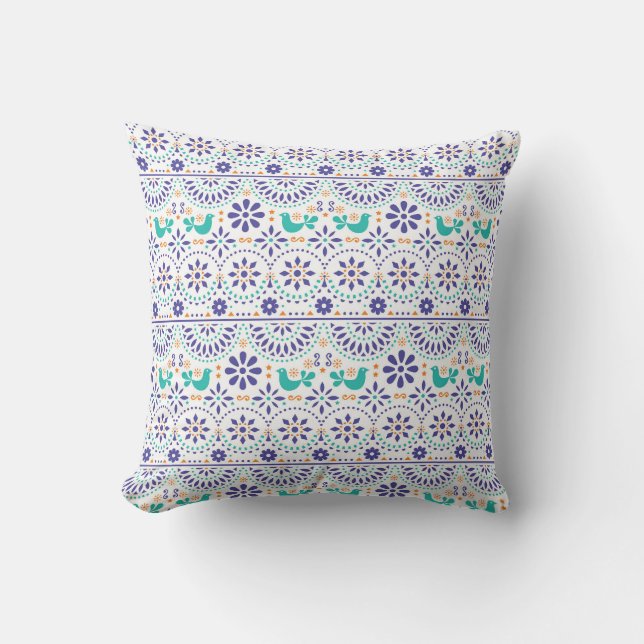 Mexican Bird Tile Folk Art Pattern Throw Pillow (Front)