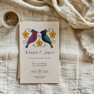 Mexican Birds Floral Magenta Navy Blue Wedding Invitation