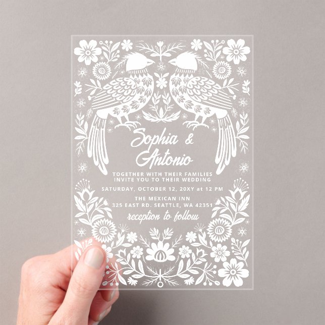 Mexican Birds Otomi Floral Fiesta Wedding Acrylic Invitations (Insitu (Handheld))