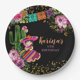 Mexican Black Colorful Fiesta Floral Birthday Paper Plate
