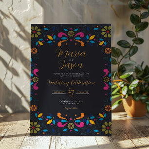 Mexican Black Fiesta Colourful Floral Boda Wedding Invitation
