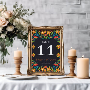 Mexican Black Floral Colorful Botanical Wedding Table Number