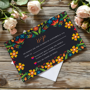 Mexican Black Floral Colourful Botanical Wedding RSVP Card