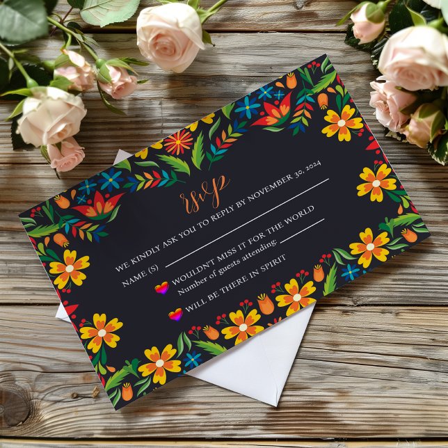Mexican Black Floral Colourful Botanical Wedding RSVP Card (Mexican Black Floral Colorful Botanical Wedding RSVP Card)