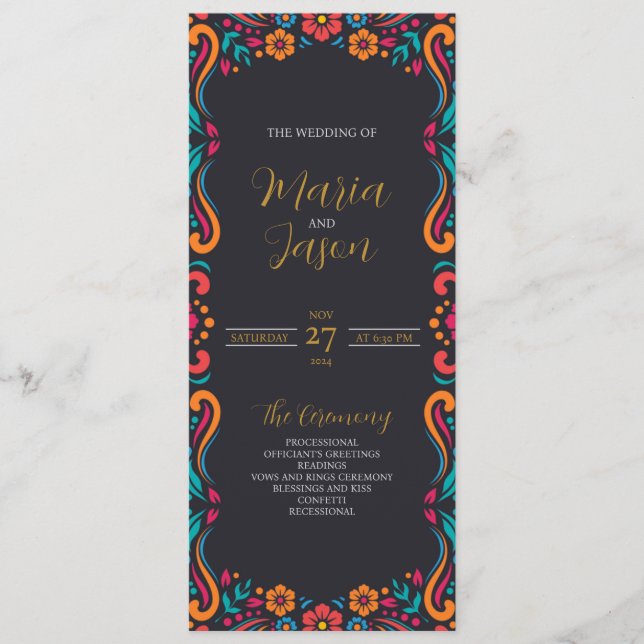 Mexican Black Floral Traditional Folk Art Wedding Program (Front)