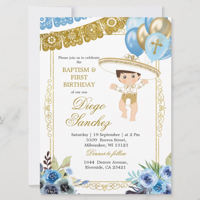Mexican Blue and Gold Charro Baptism and Birthday  Invitation (Front)