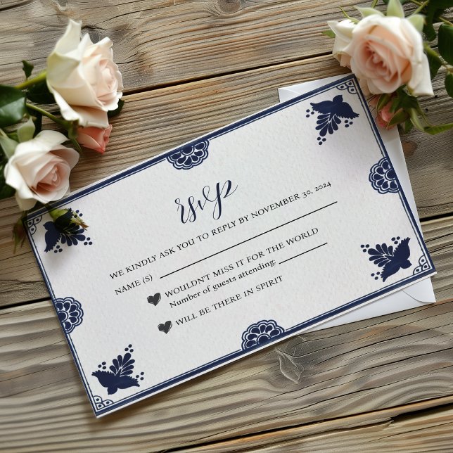 Mexican Blue Floral Otomi Simple Fiesta Wedding RSVP Card (Mexican Blue Floral Otomi Simple Fiesta Wedding RSVP Card)