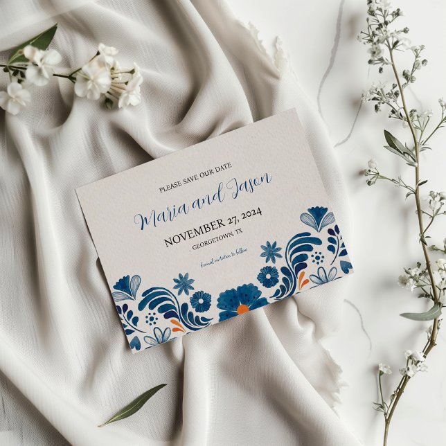 Mexican Blue Orange Floral Elegant Fiesta Wedding Save The Date (Mexican Blue Orange Floral Elegant Fiesta Wedding Save The Date)