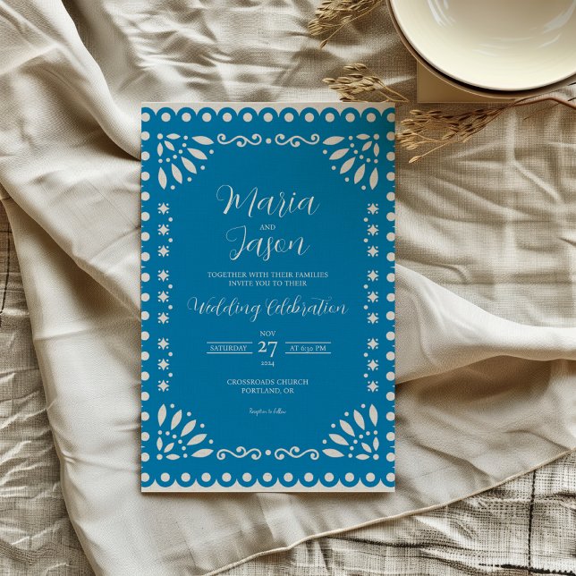 Mexican Blue Papel Picado Traditional Boda Wedding Invitation (Mexican Blue Papel Picado Traditional Boda Wedding Invitation)