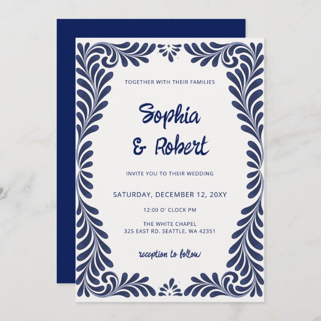 Mexican Blue Talavera Tiles Wedding Invitation (Front/Back)