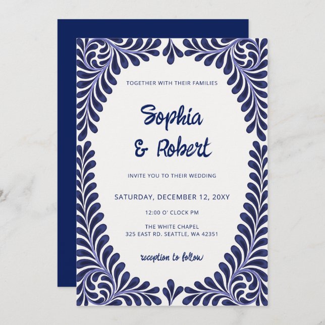 Mexican Blue Talavera Tiles Wedding Invitation (Front/Back)