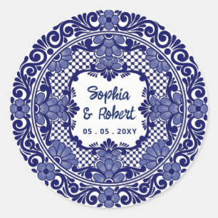 Mexican Blue Talavera Wedding Classic Round Sticker