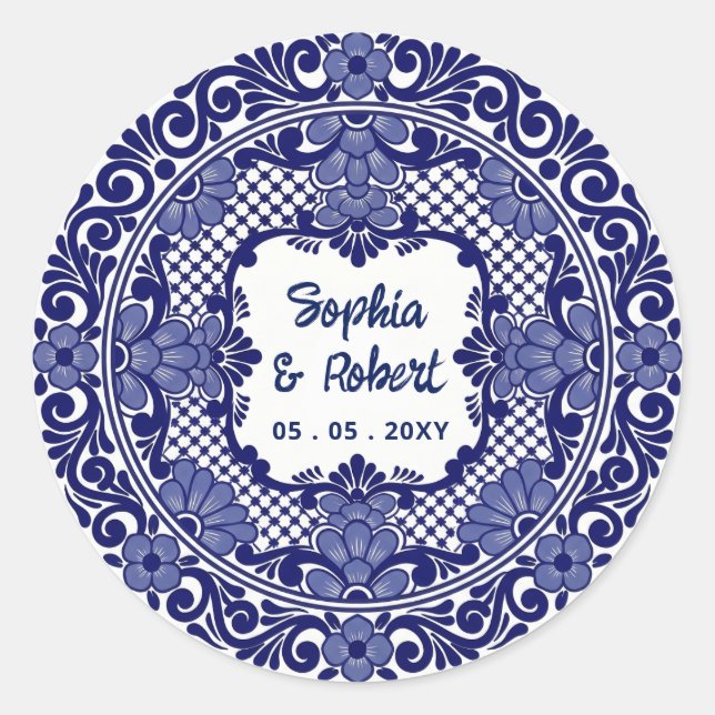 Mexican Blue Talavera Wedding Classic Round Sticker (Front)