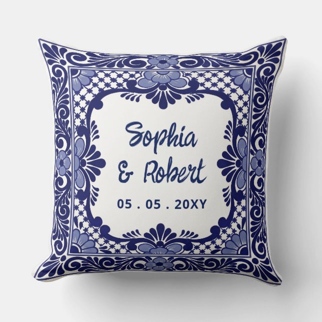 Mexican Blue Talavera Wedding Throw Pillow (Front)