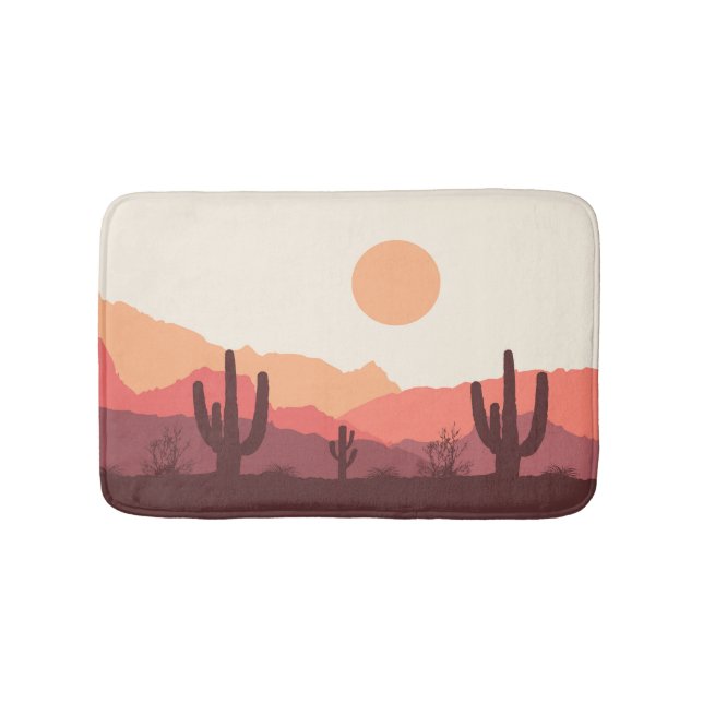 Mexican burgundy and orange desert landscape bath mat (Front)