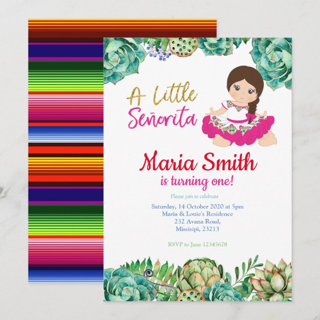 Mexican Cactus Fiesta 1st Birthday Girl Invitation (Front/Back)