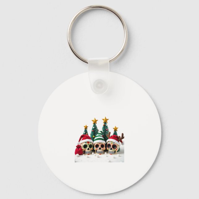 Mexican Calavera Santa Flower Sugar Skull Christma Keychain (Front)