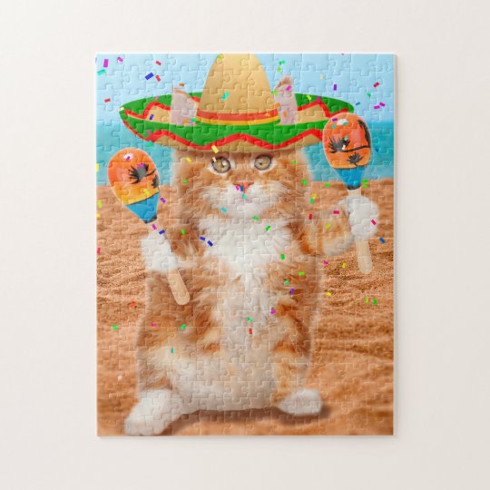 Mexican cat cat with maracas beach jigsaw puzzle Zazzle.ca