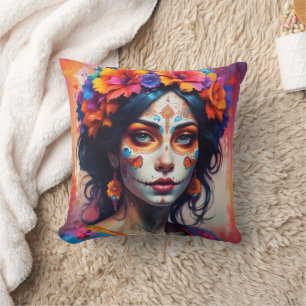 Mexican Catrina watercolor Throw Pillow