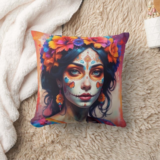Mexican Catrina watercolor Throw Pillow (Blanket)