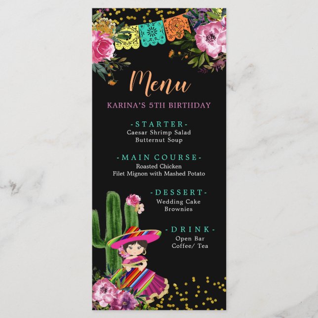 Mexican Colourful Fiesta Floral Birthday Menu (Front)