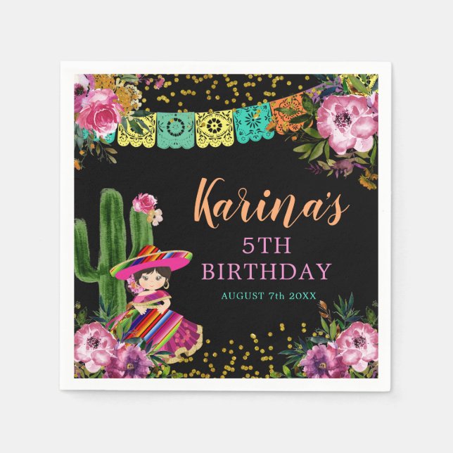 Mexican Colourful Fiesta Floral Birthday Paper Napkin (Front)