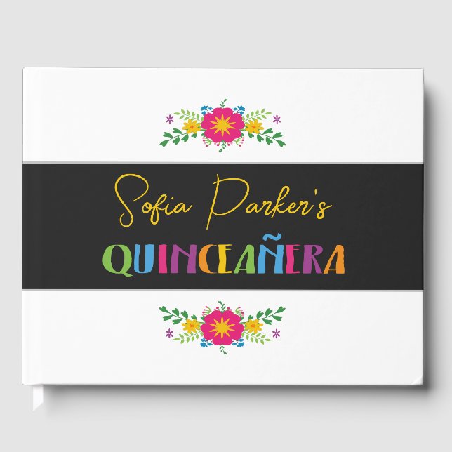 Mexican colourful Fiesta Quinceañera floral Guest Book (Front)